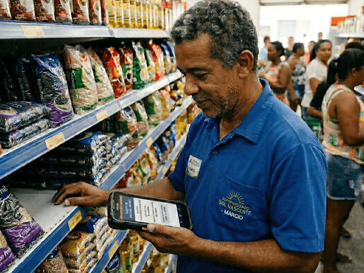 Repositor conferindo nível de estoque na prateleira com coletor de dados