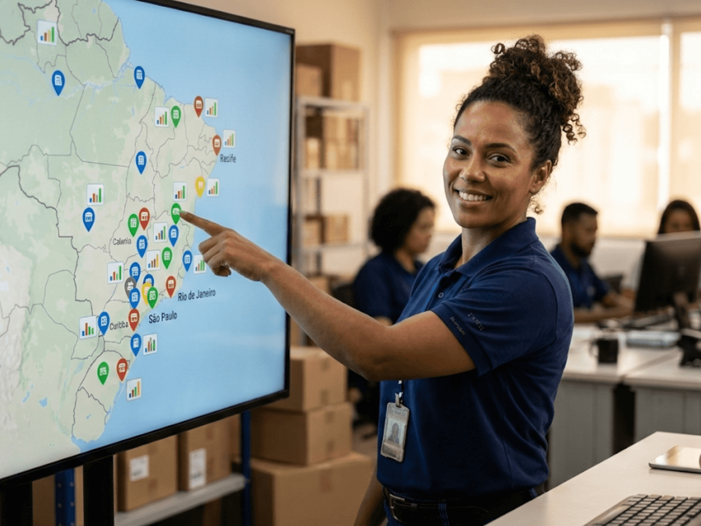 Gestora apresentando mapa de distribuição de estoque em múltiplas unidades