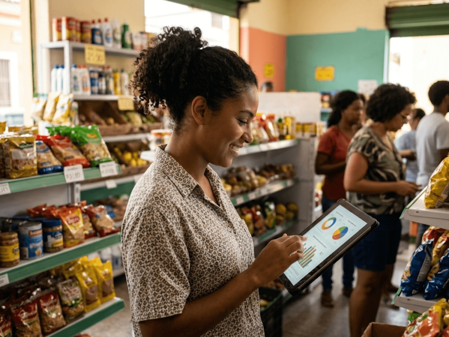 Empreendedora consultando relatório de estoque com gráficos no tablet dentro da loja