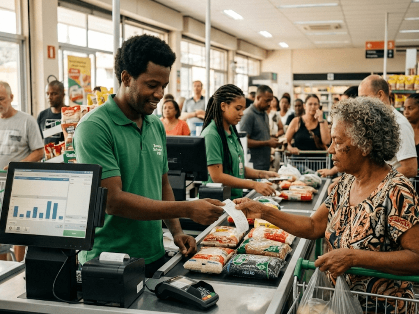 Operador de caixa entregando cupom fiscal para cliente no supermercado
