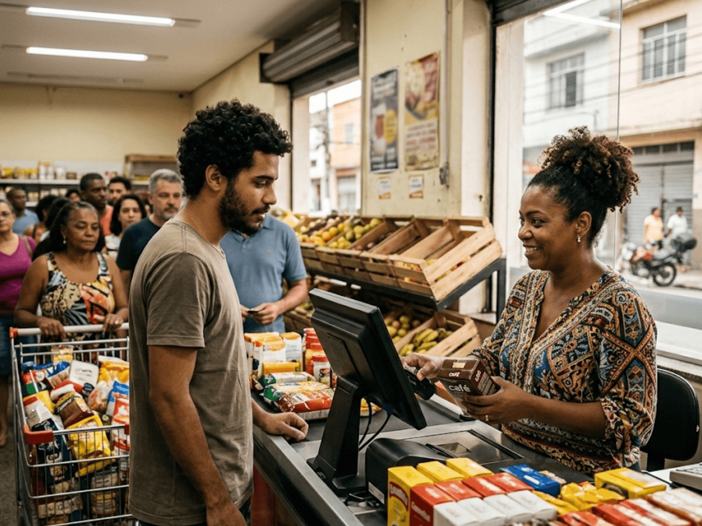 Atendente registrando compras no caixa do mercado com clientes na fila