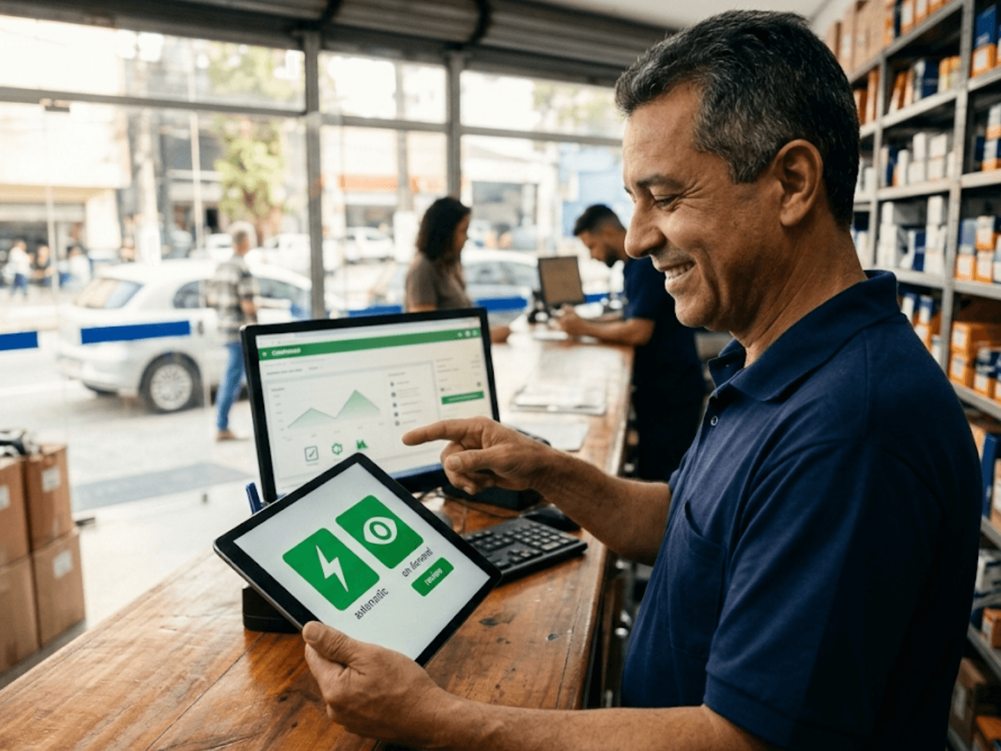 Comerciante utilizando tablet e notebook com sistema de emissão de notas na loja