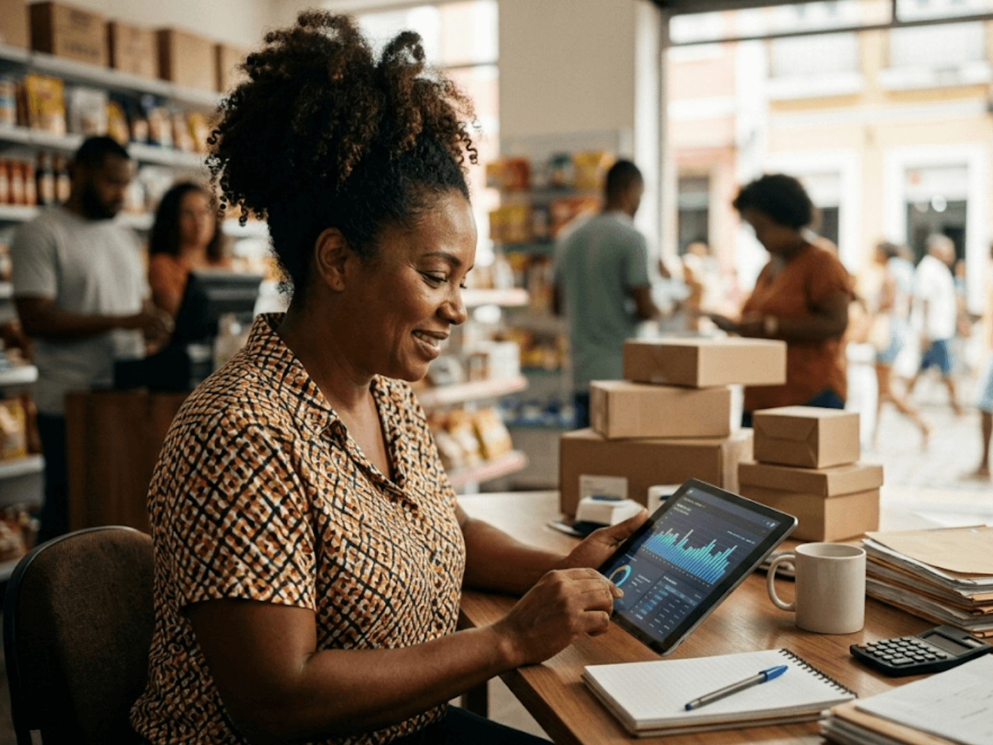 Empreendedora consultando gráficos financeiros em tablet no estoque da loja