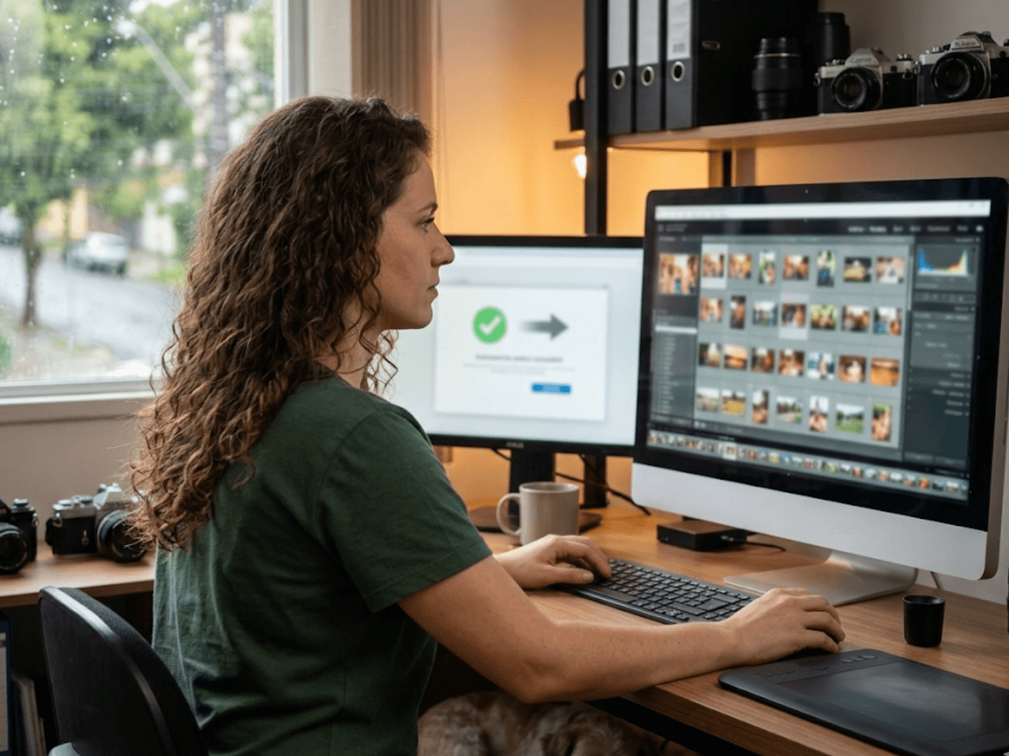 Profissional conferindo confirmação de envio de nota fiscal no computador