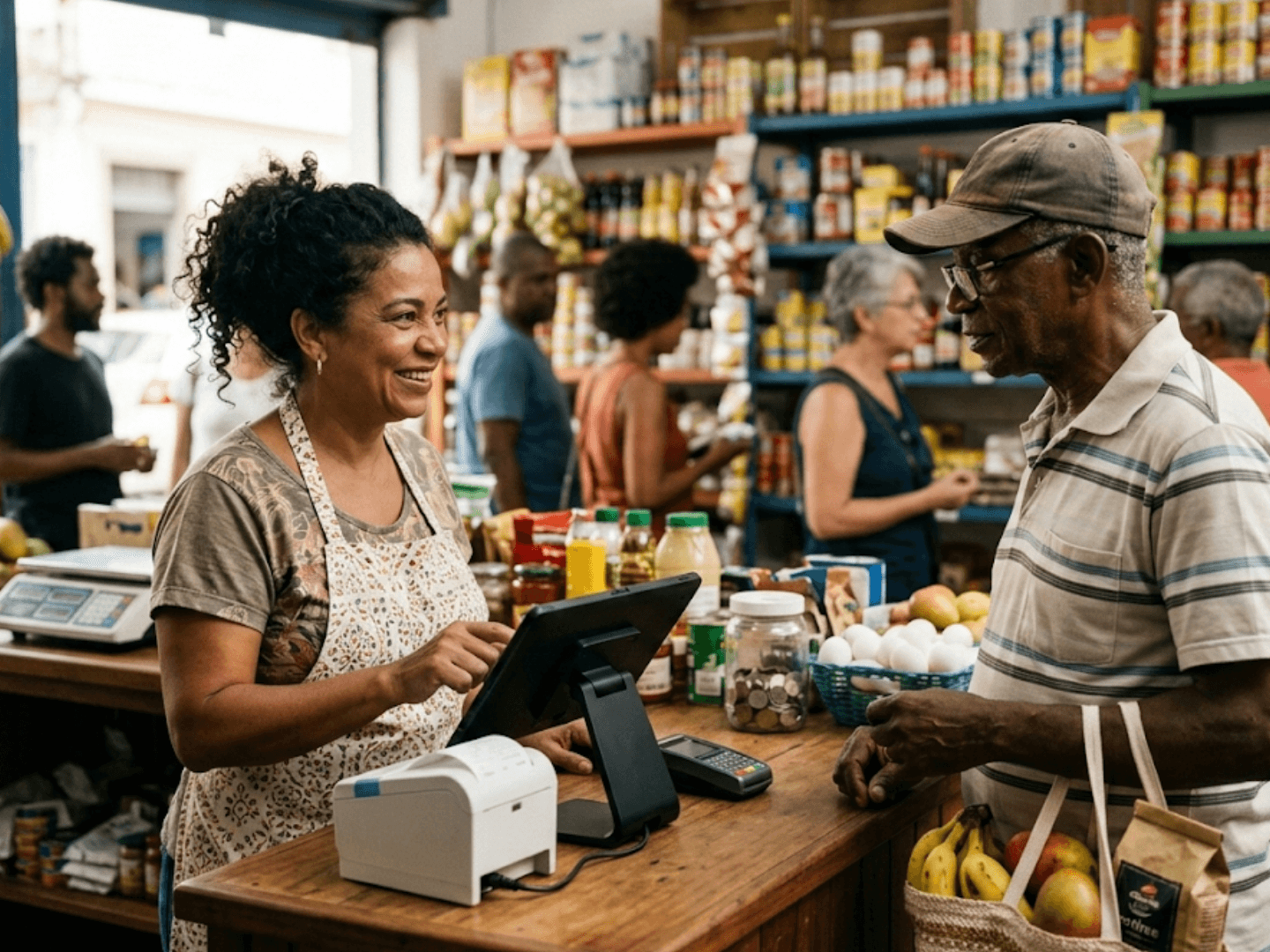 Comerciante atendendo cliente no balcão com sistema PDV no tablet e impressora de cupom